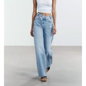 Zara Light Blue High Waist Wide Leg Crossover Jeans